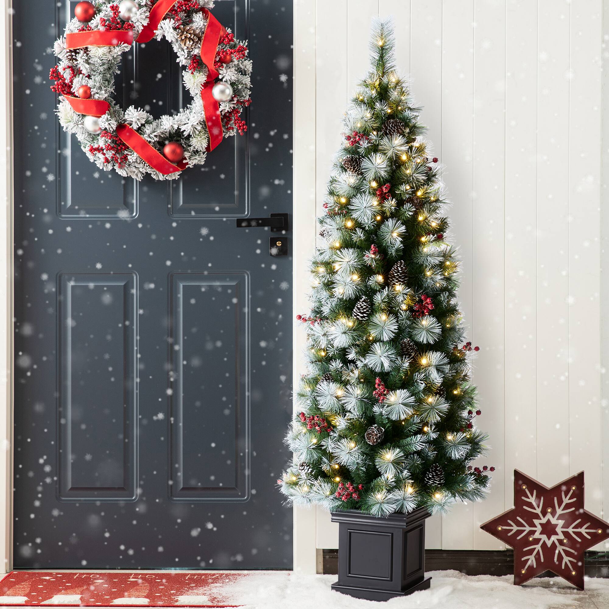 6ft. Pre-Lit Greenery Pinecones & Red Berries Artificial Christmas Porch Tree, Warm White LED Lights